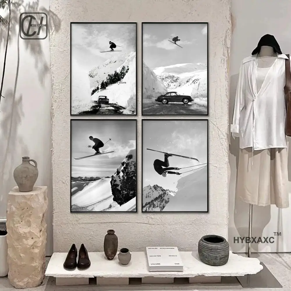 Black White Vintage Ski Photo Art Poster People Skiing Jumping Snow Mountain Canvas Painting Wall Print Picture Room Home Decor