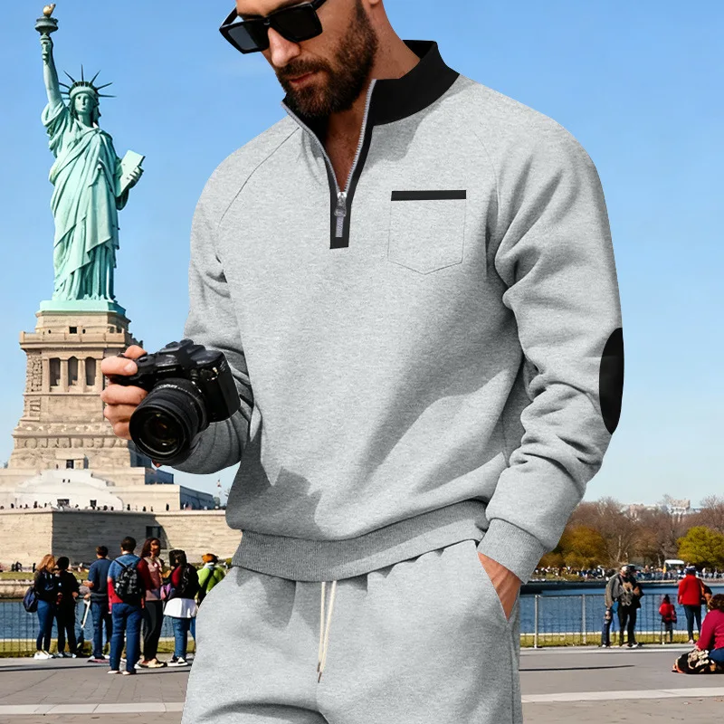 

American Autumn Winter Heavyweight Plus Velvet Men's Loose Stand-up Collar Contrasting Zipper Light and Mature Casual Sweatshirt