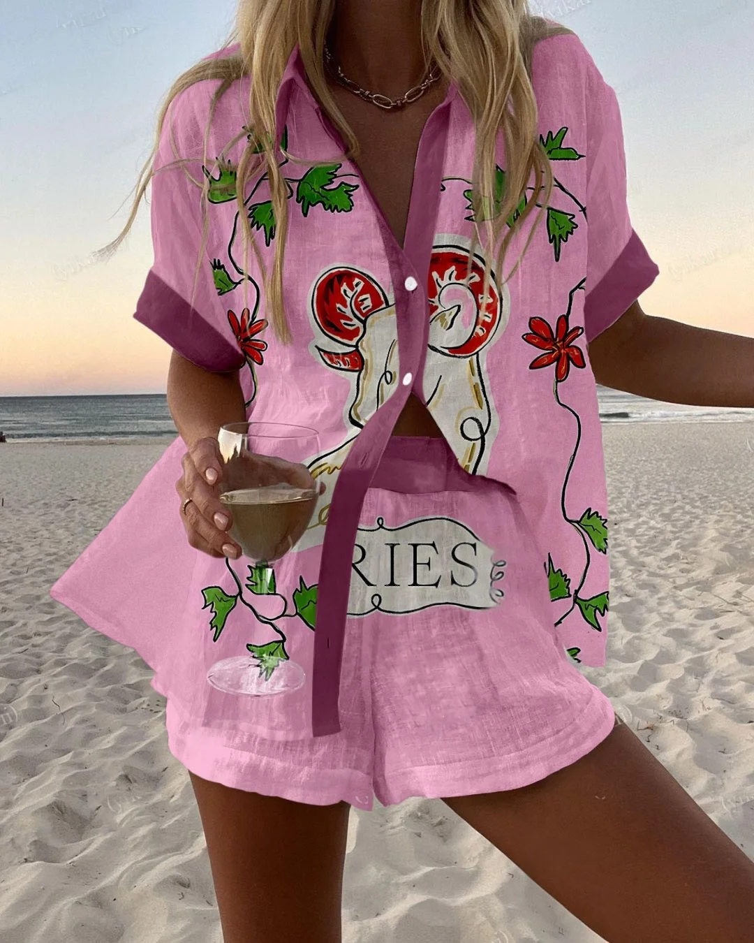 

2 Pieces Set For Woman Fashion Casual Printed Two Piece Set Summer Color Colorful Button Short Sleeves Shirts And Shorts 2 Sets