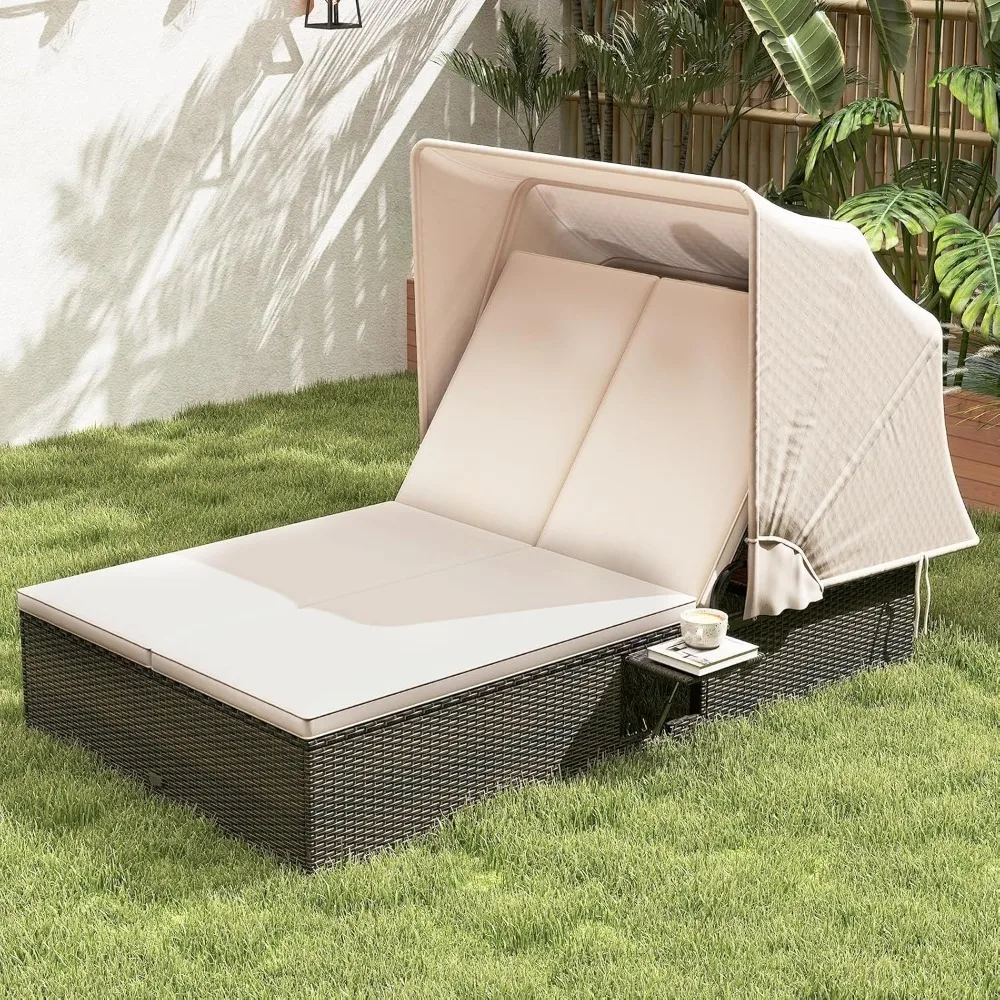 

Outdoor Daybed with Canopy, PE Rattan Chaise Lounge with 6-Position Adjustable Backrests, Soft Cushions & Foldable Side Tables