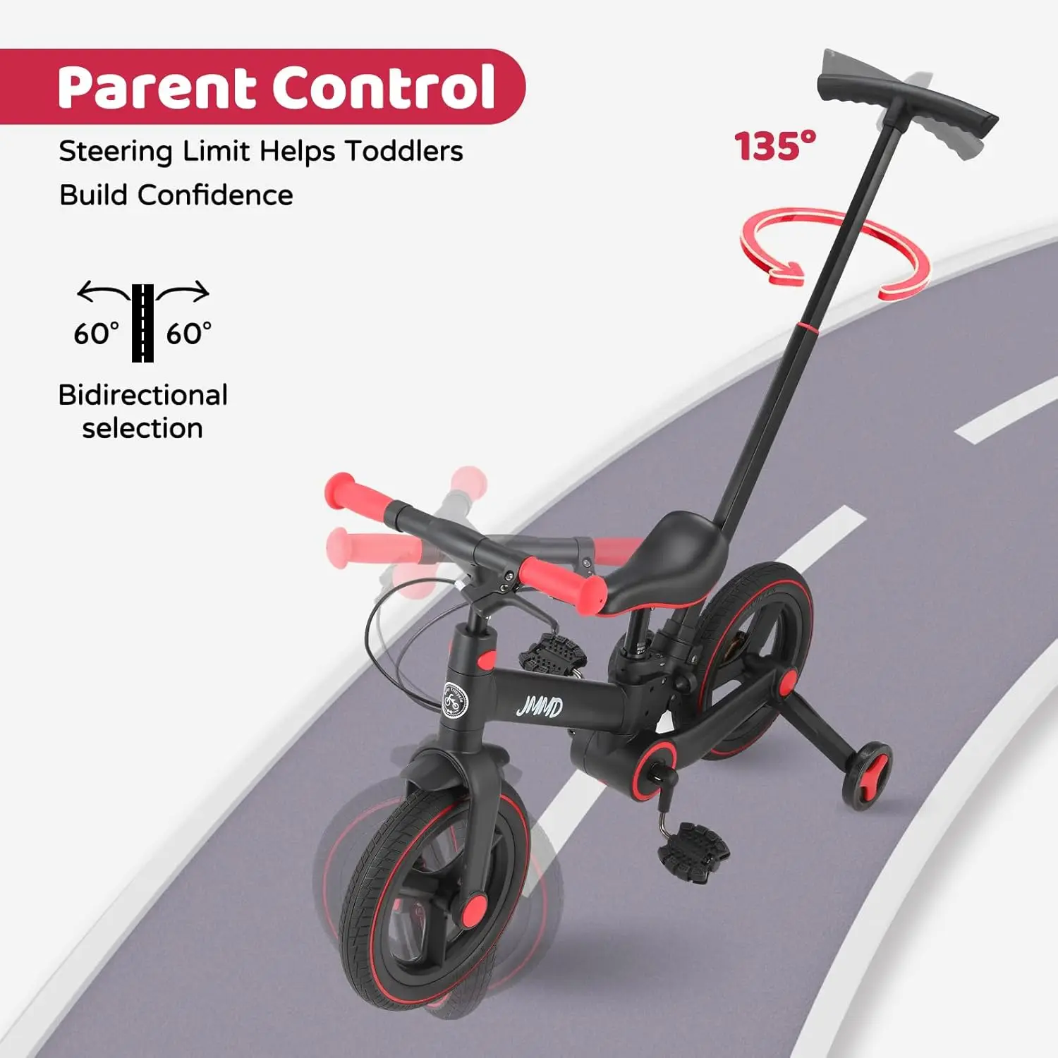 Peuterfiets met duwhandgreep voor kinderen van 18–60 maanden, 6-in-1 opvouwbare duwfiets met zijwieltjes, pedalen, remmen, standaard,