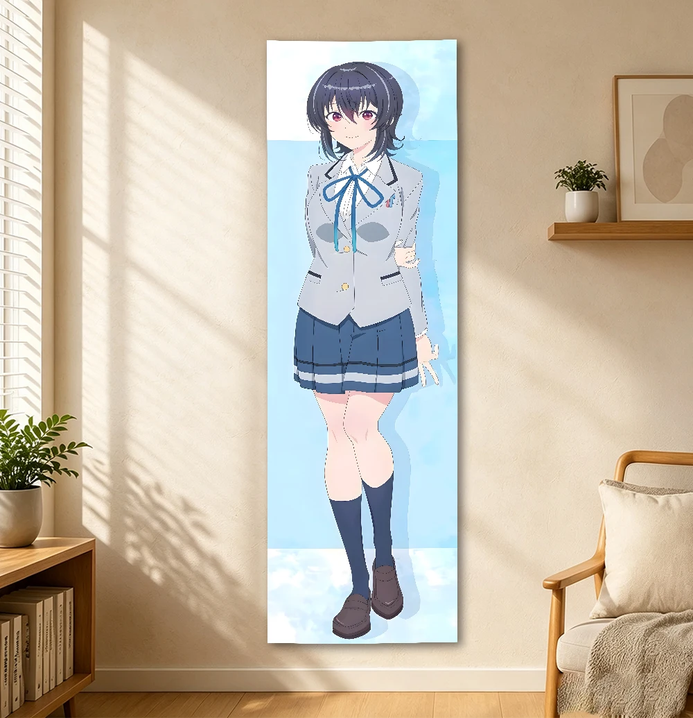 Amami Yuu JK School Uniform Long Vertical Tapestry, Anime Campus Girl Light Blue Kawaii Wall Hanging for Otaku Bedroom Dorm Deco