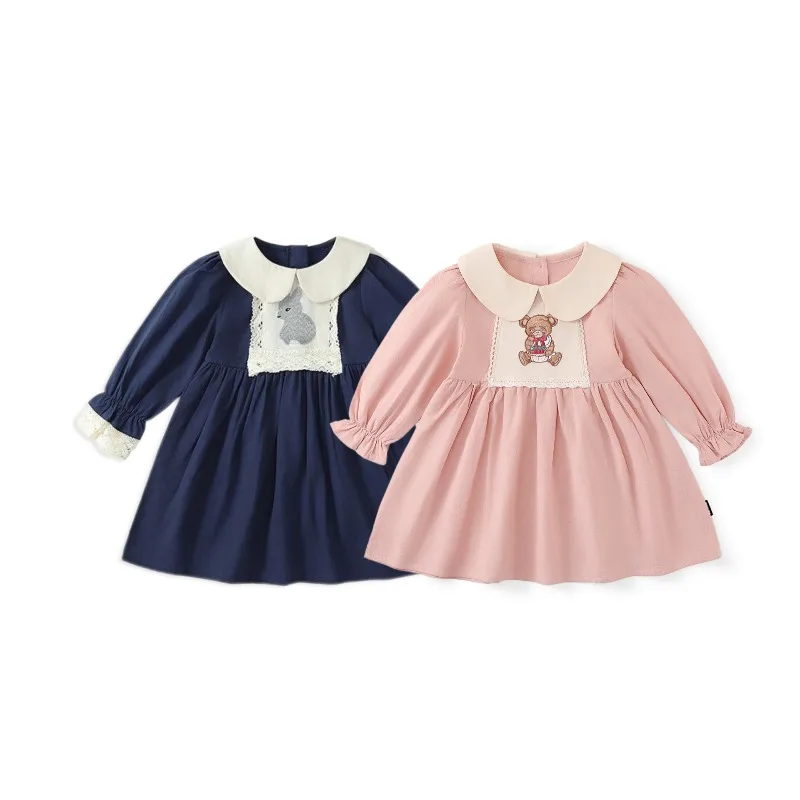 

HoneyCherry Autumn Style Girls' French Doll Collar Rabbit Embroidery Long-sleeved Dress, Navy Blue Academy-style Princess Dress