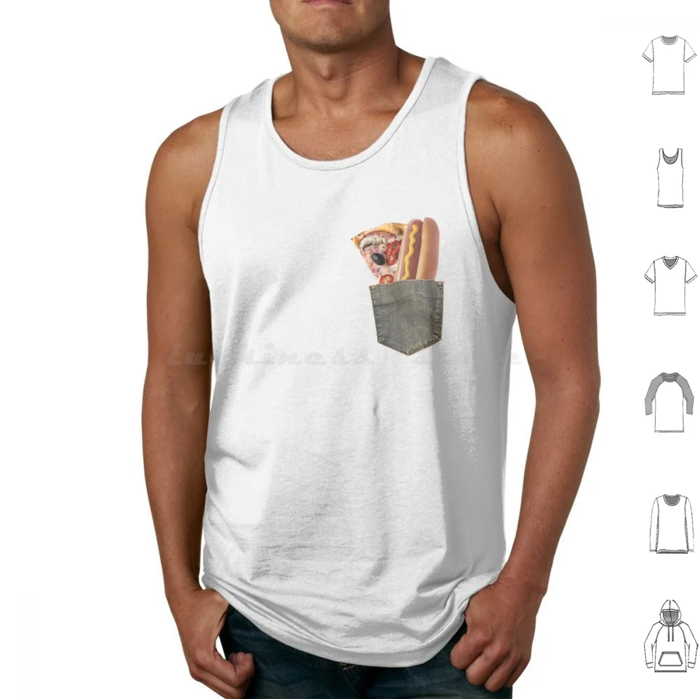 Camisetas sin mangas con bolsillo para comida, chaleco sin mangas con bolsillo para comida, Pizza, Hot Dog, pantalones vaqueros, lindo, divertido, Humor, pimienta, mostaza, aceitunas, pan