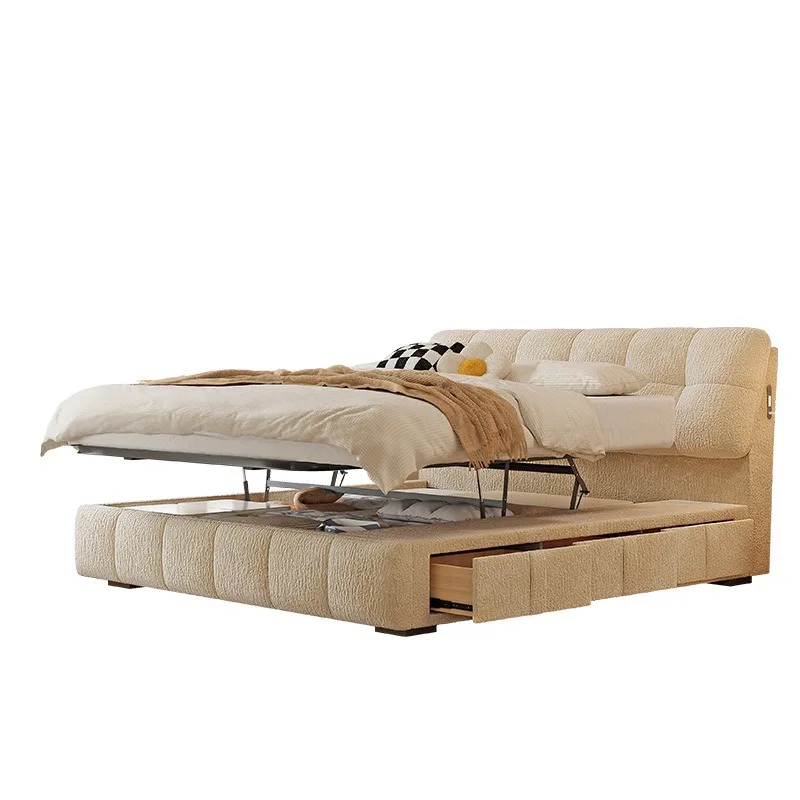 

French Cream Wind Puff Bed Master Bedroom Double Drawer Box Bed Rechargeable Fabric Translation Storage Bed
