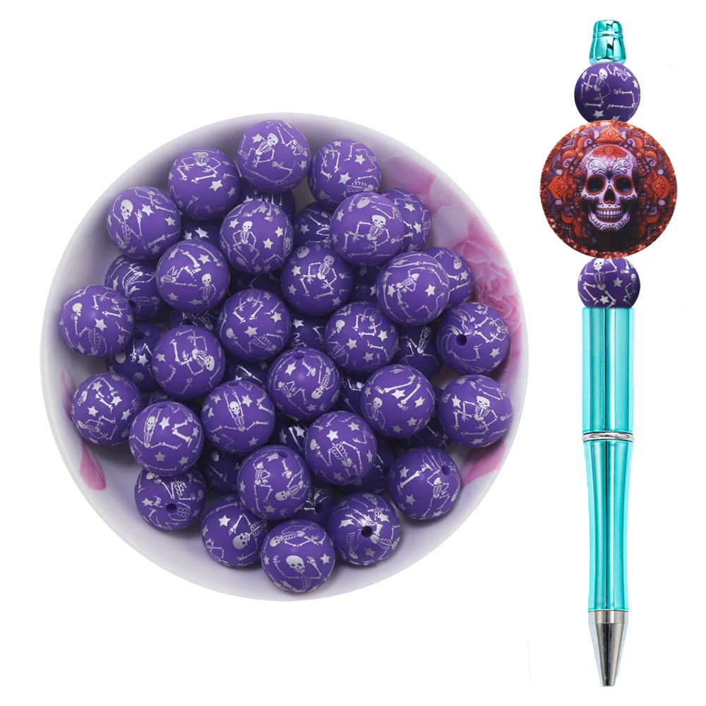 New 10Pcs Halloween Dacing Skeleton Skull Bone Star Printed Silicone Beads 15MM Siliver Pattern Silicon Focal Balls For Pens