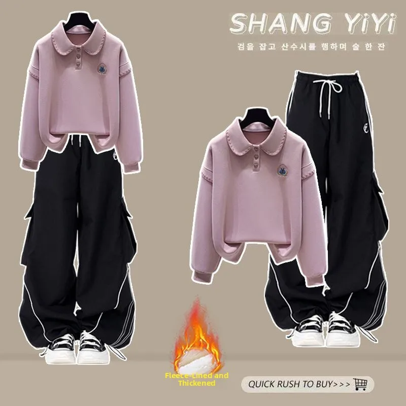 

Thickened Fleece Hooded Doll Collar Sweatshirt And Work Pants Two-Piece Set for Women Winter Fashion Casual Warm Outfit