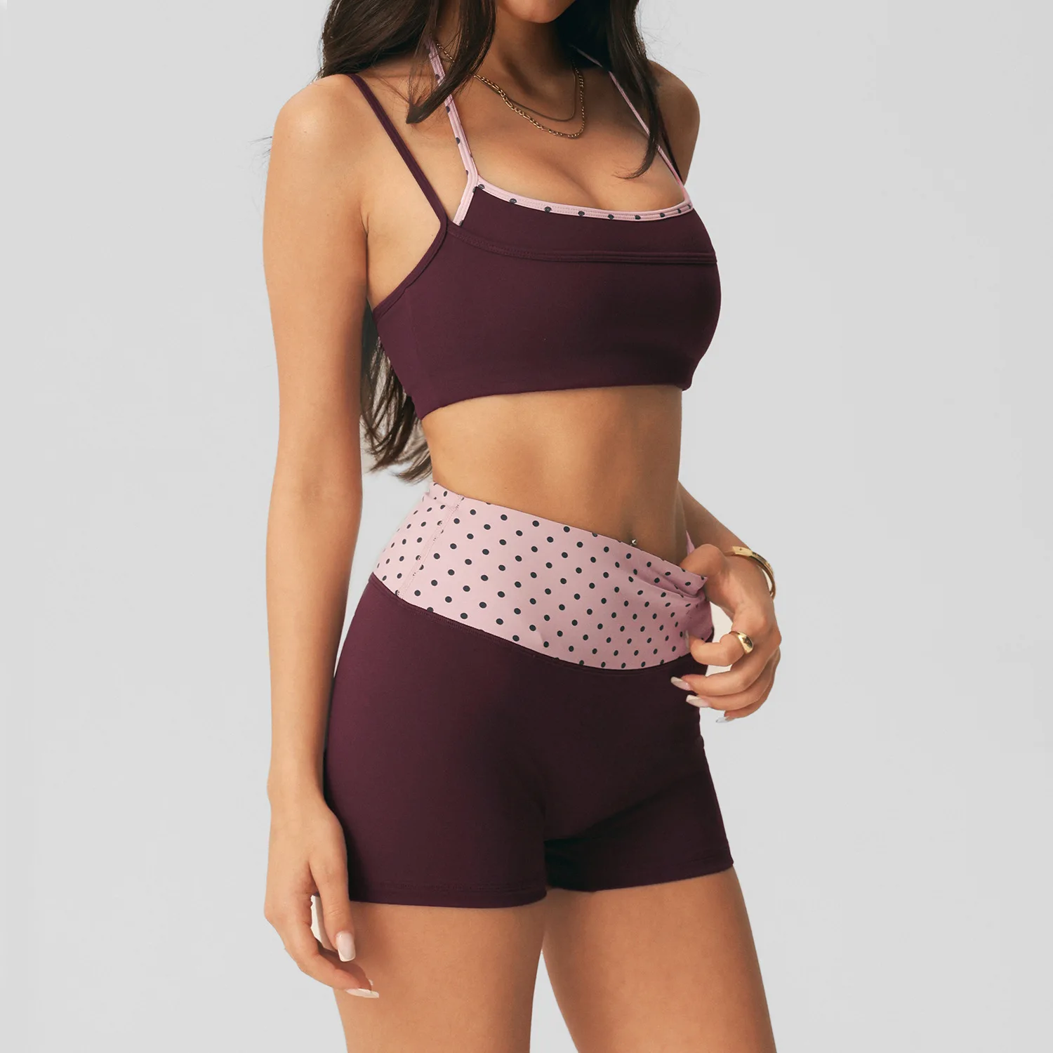 Women Polka Dot Waist Yoga Set Double Sided Fabric Sports Bra Biker Shorts Knee Length Capri Leggings Pilates Gym Workout Outfit