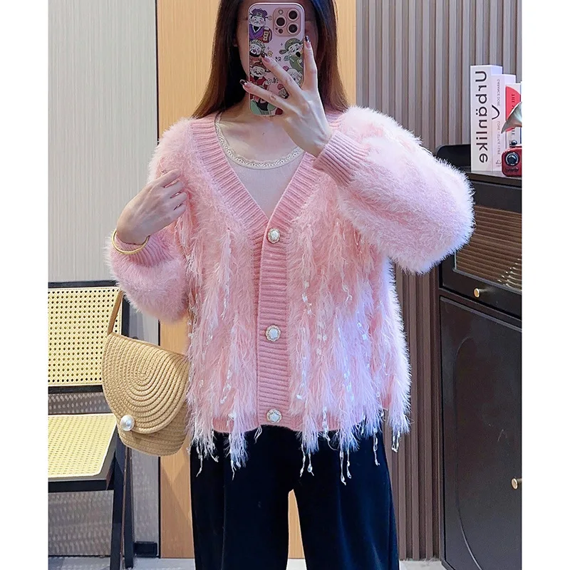 2024 New Women Autumn Sweater V-Neck Furry Knit Cardigans Coat Single Button Sweater Tops Women Fashion Sweater Pull Femme