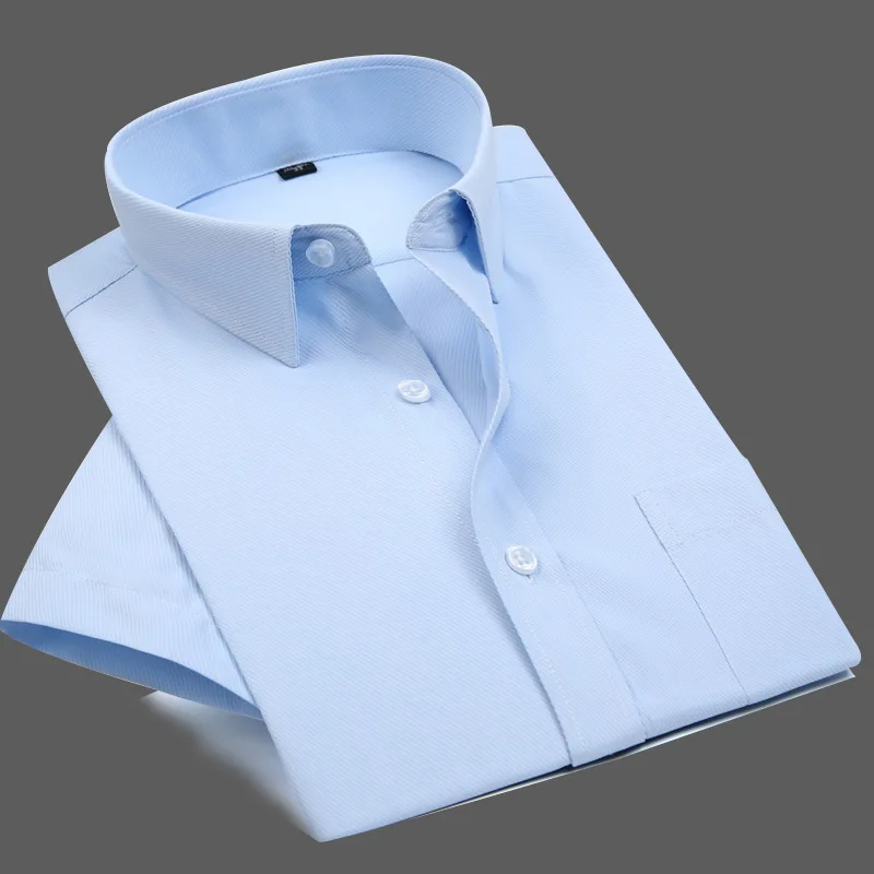 2026 Light Blue Short Sleeve No-Iron Work Shirt Business Men White Shirt