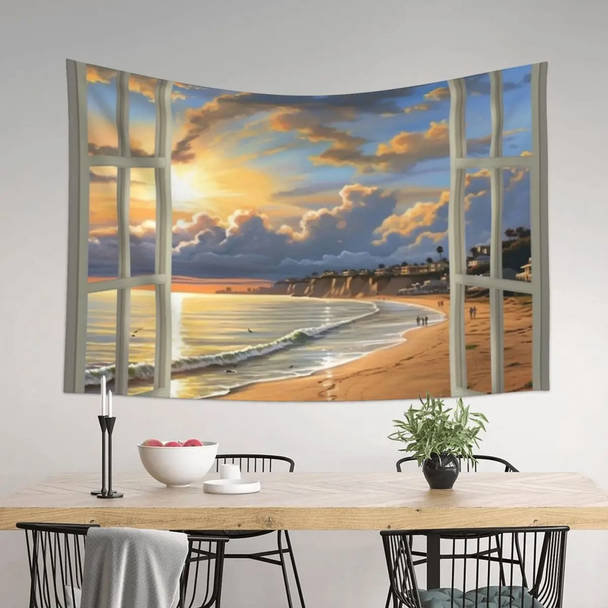 

Window view of a beach in sun rise Tapestry Cute Room Decor Art Mural Aesthetic Room Decor Tapestry