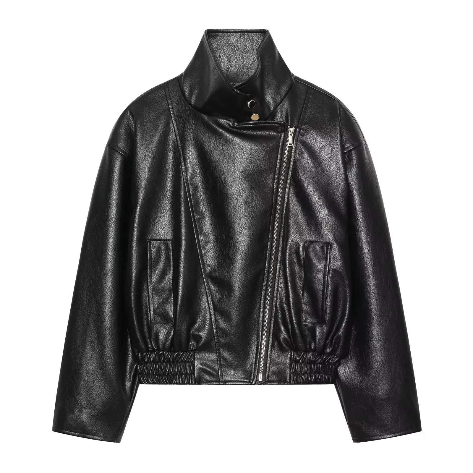 BSAY 2026 Herbst Neue Damen Stehkragen Kunstlederjacke Diagonaler Reißverschluss Kurze Motorradjacke Elastische Taschen Biker-Oberbekleidung – Detail 5