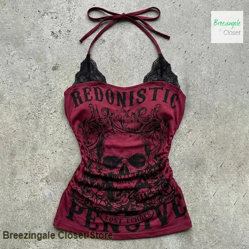 American retro style red skull printing y2k spice girl summer new fashion neck-hanging slim temperament little casual camisole.