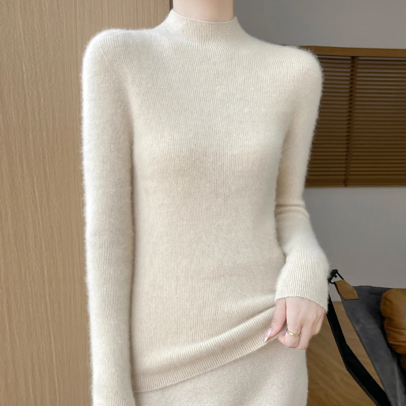 Spring and Autumn New Cashmere Sweater 100% Merino Wool Knitted Hoodie Half High Collar Tight Top Solid Color Versatile Interior