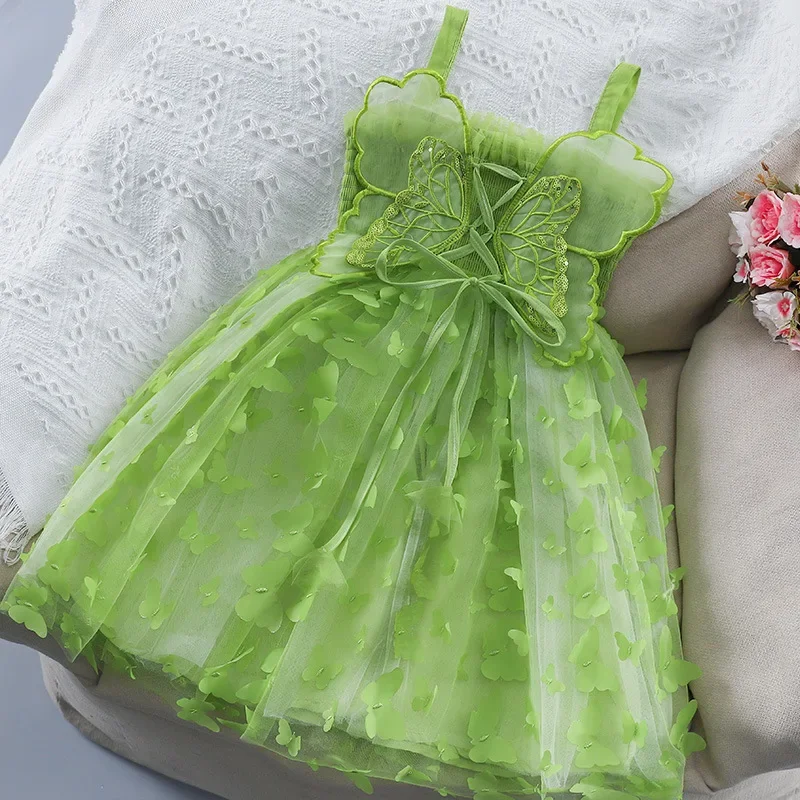 2026 Summer New 3D Big Butterfly Off-the-shoulder Girls Mesh Dress Cute Sequins Dancing Dress Birthday Sling Princess Dress 2-8T