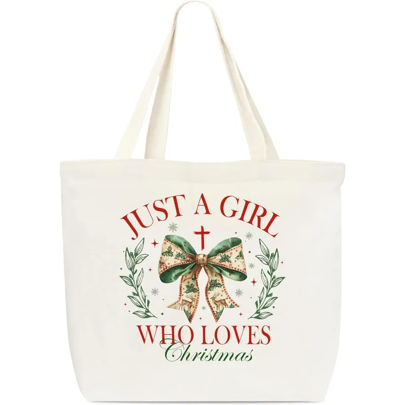 Christmas Canvas Tote Bag Just A Girl Who Loves Christmas Bow And Wreath Print Casual Reusable Shopping Tote Gift Bag