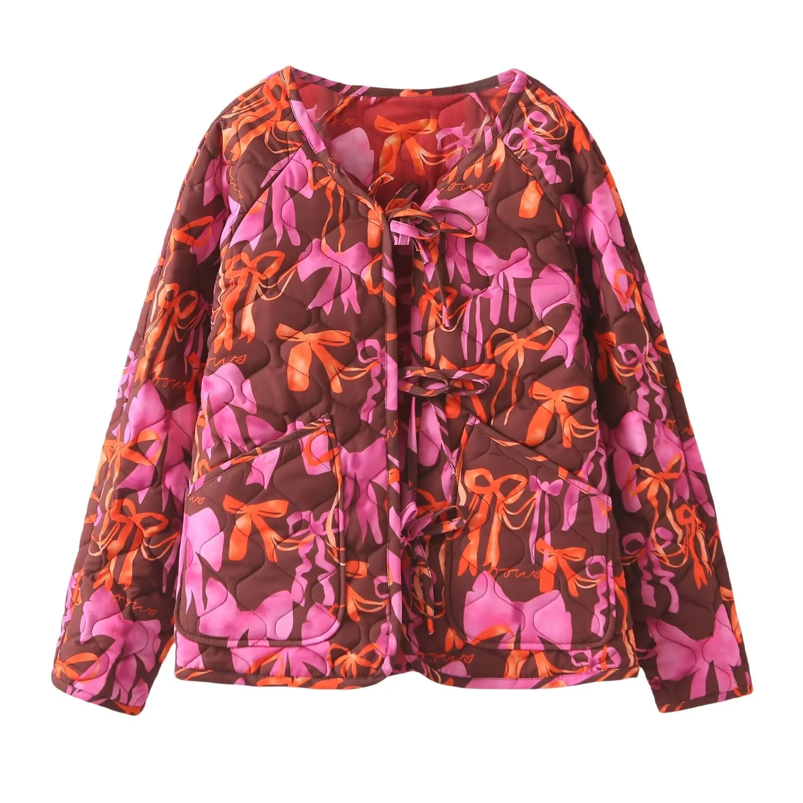

PB&ZA2025 women's autumn new style lace-up placket casual loose personality round neck bow print double-sided jacket