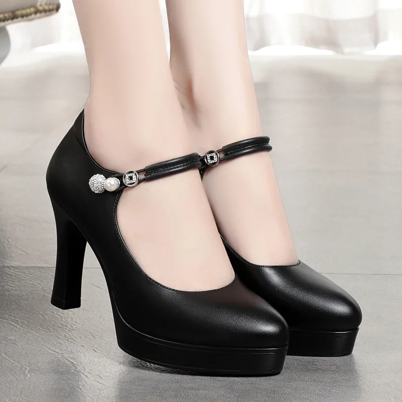 Zapatos de tacón alto con plataforma para mujer, zapatos de fiesta con correas en el tobillo de tacón grueso, elegantes, en blanco y negro, para oficina, otoño 2025