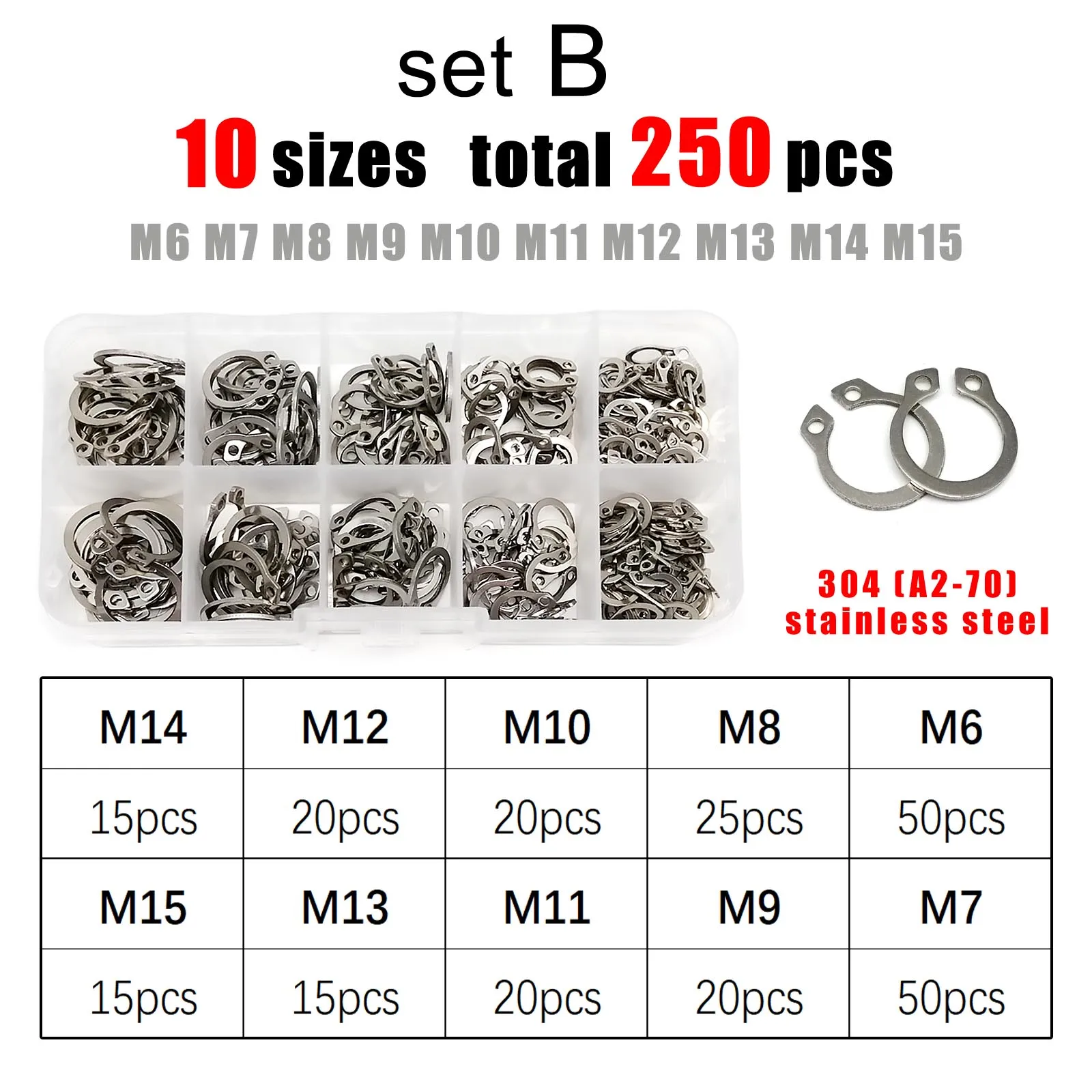 315-Piece Black Alloy Steel Internal Circlip Snap Ring Assortment Kit – 15 Sizes Retaining Clips For Shafts & Bearings
