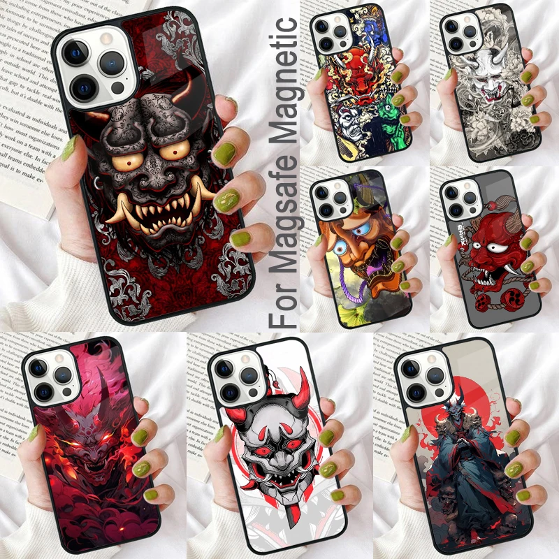 Japanese Samurai Oni Mask Magnetic Soft Phone Case for iPhone 16 Promax 15 Pro 13 14 Plus 11 12 Mini MagSafe Coque