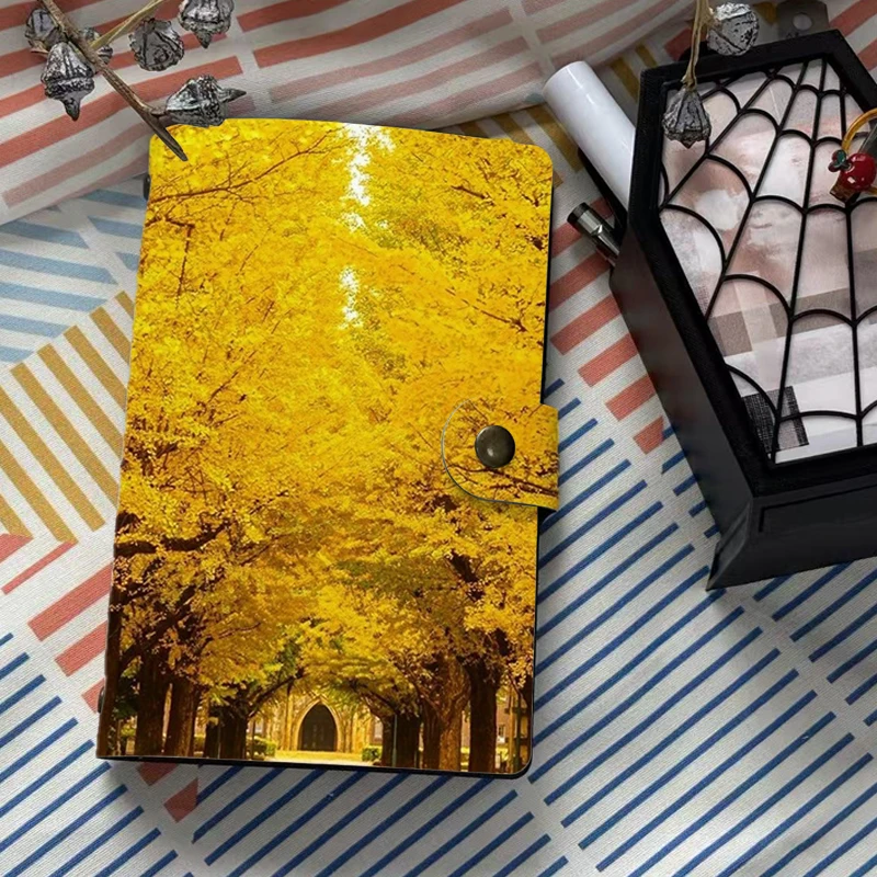 

Golden Ginkgo Tree Autumn Print A6 PU Leather Notebook Journal Diary Planner for Students Office Fall Lover Gift