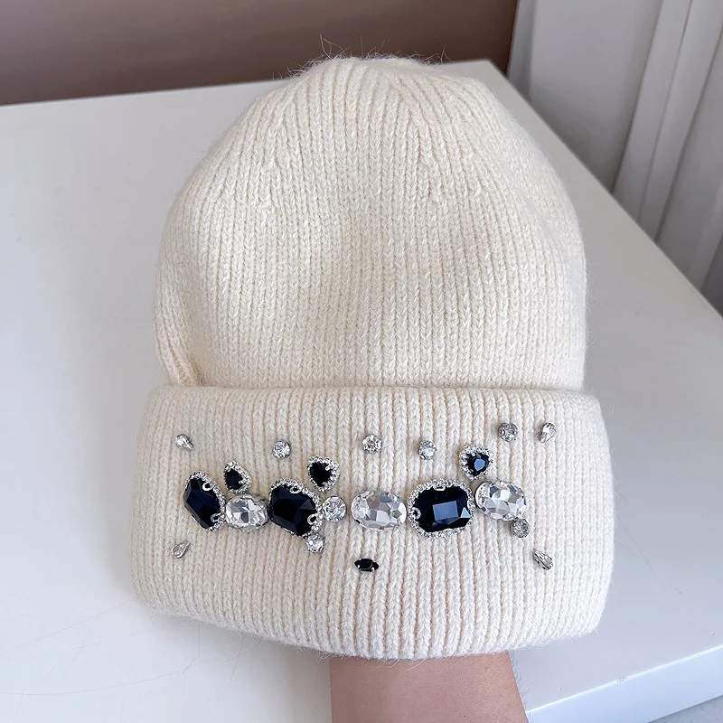 Autumn And Winter Warm Knit Hat Fashion Rhinestone Woolen Hat With Big Head Sheath Head Cold Hat KJ202410101