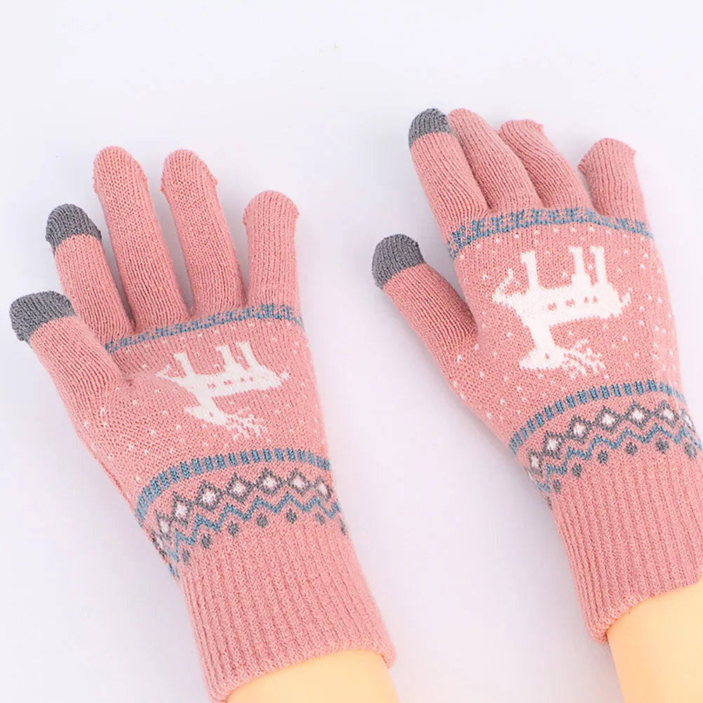 1Pair Touchscreen Winter Gloves Women Warm Knitted Full Finger Gloves Christmas Themed Jacquard Design Cold Weather Workout