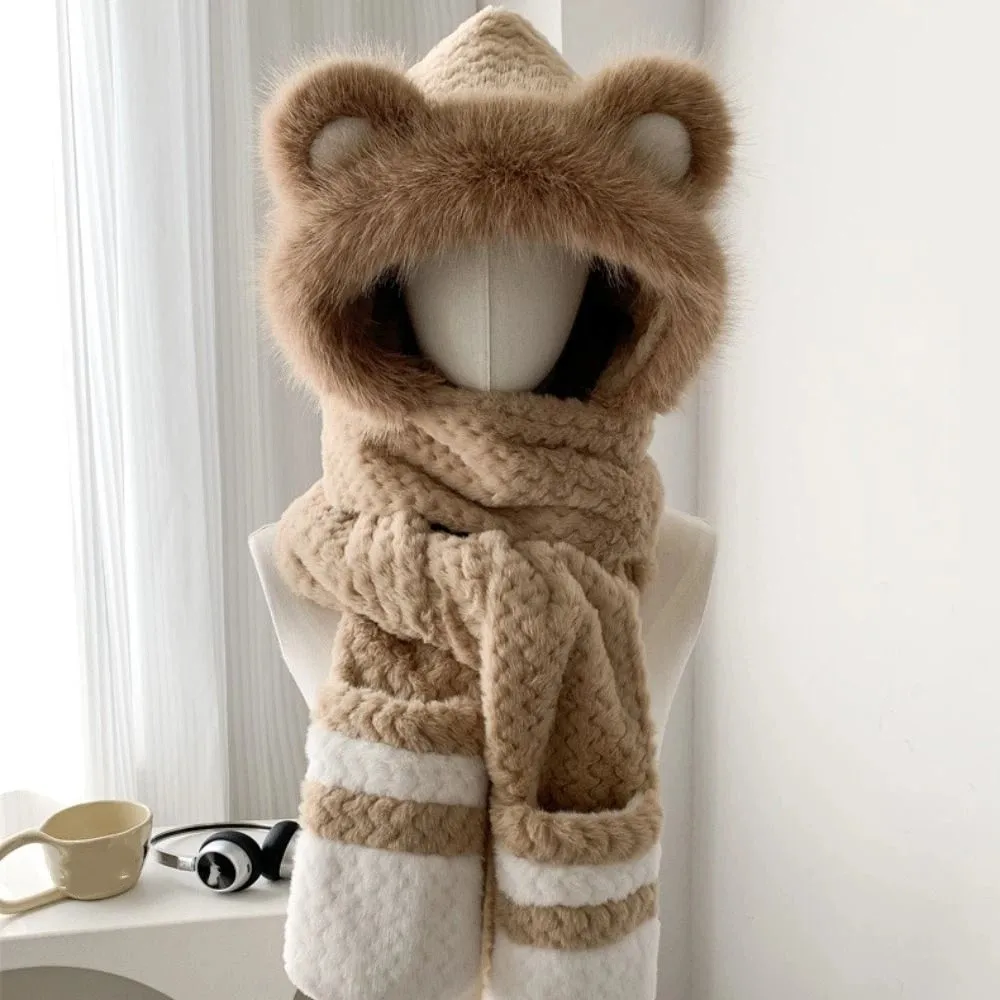 高価値のクマ保護帽子 ソフトプラッシュプルオーバー一体型キャップ 手袋 スカーフ 甘い厚みのあるデザイン 耳保護帽子