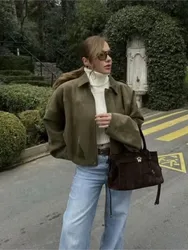 Vintage Faux Suede Short Jackets For Women Zipper Fashion Loose Bomber Jacket Coat Autumn Winter 2025 New Chic Casual Outerwears