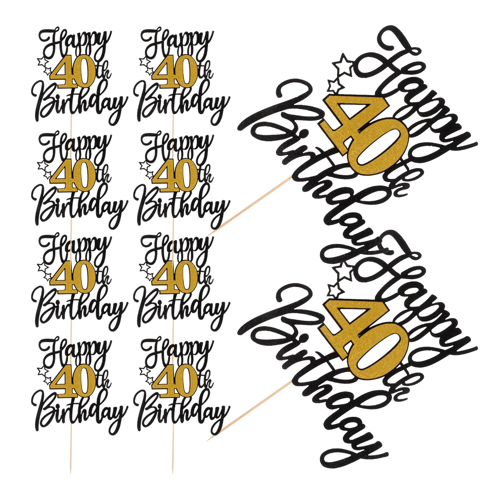 

10pcs Black Gold Glitter Toppers Birthday Party Decorations Cupcake Picks 40th Happy Birthday Cake Decor Elegant for Dessert