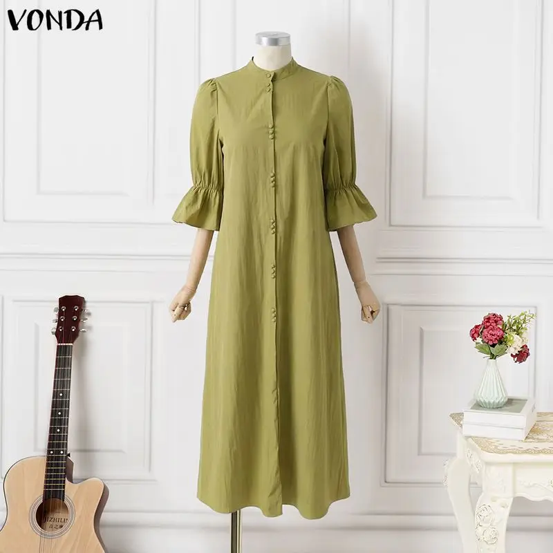 

Fashion VONDA Women Plus Size Dresses Solid Stand Collar Long Maxi Dress Summer Spring Party 3/4 Sleeve Vestidos Streetwear