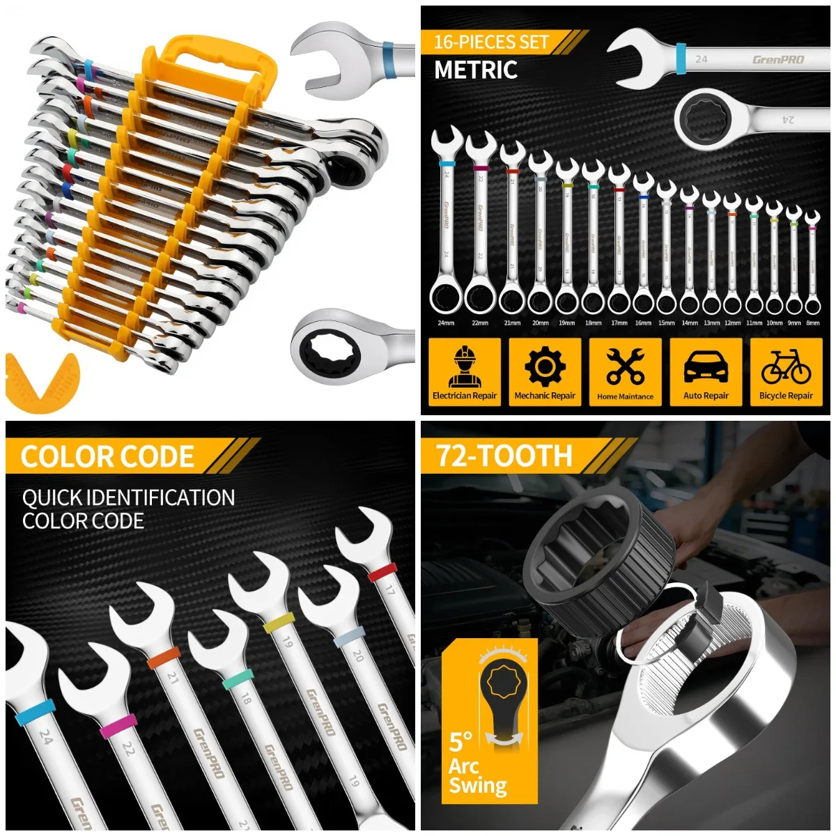 

17PCS Metric & Standard Ratcheting Wrench Set with Color Ring Gauge, 8-24mm Open End, Long Box Tool Kit