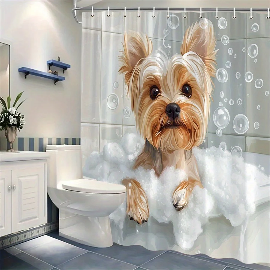 1pc Yorkshire Terrier Bathtub Shower Curtain, Digital Illustration with Fluffy Dog in Bubble-Filled Bath, Playful And Whimsical