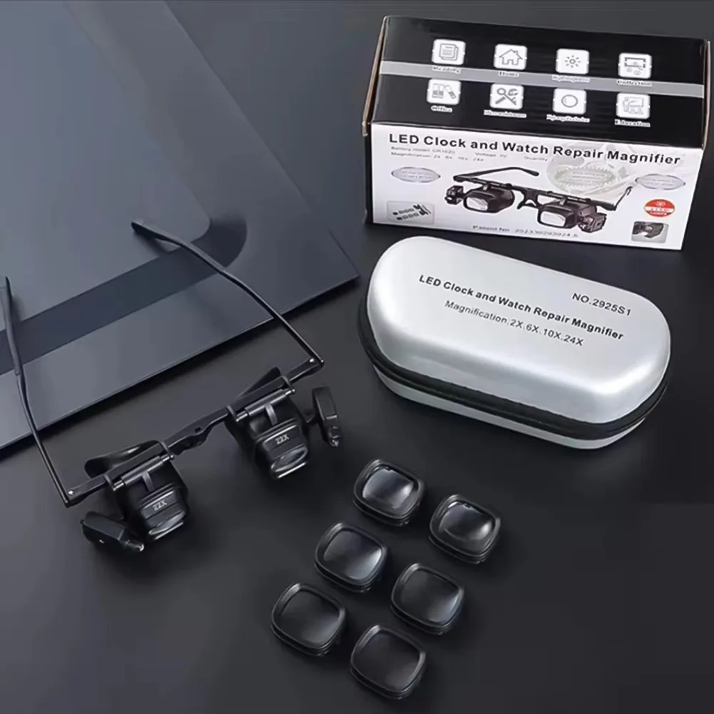 24X High Power Head Mount Magnifier Portable Dual LED Lights Magnifying Glass High-Power Storage Box Magnification Glasses