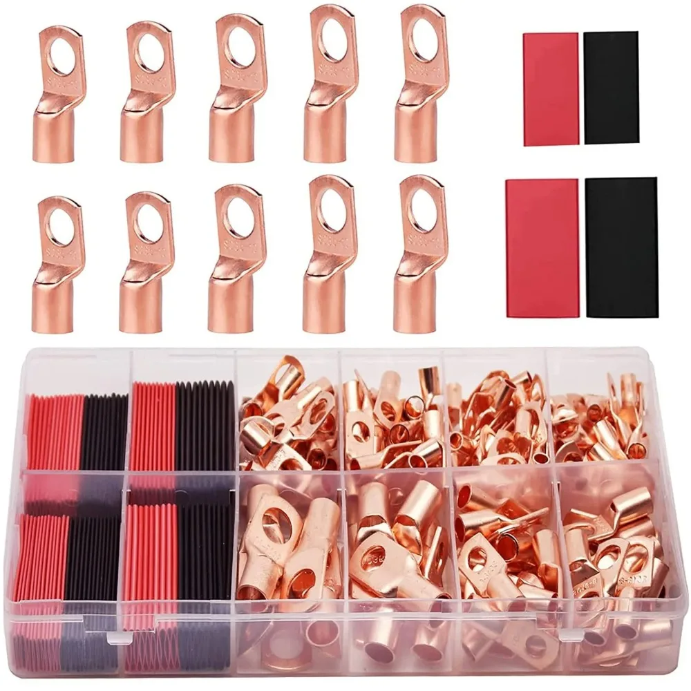 100pcs Copper Terminal Connectors, AWG 4 6 8 10 12 Ring Lug Kit With Shrink Tubing 50 Battery Cable Lugs, With 50 Shrink Tubing