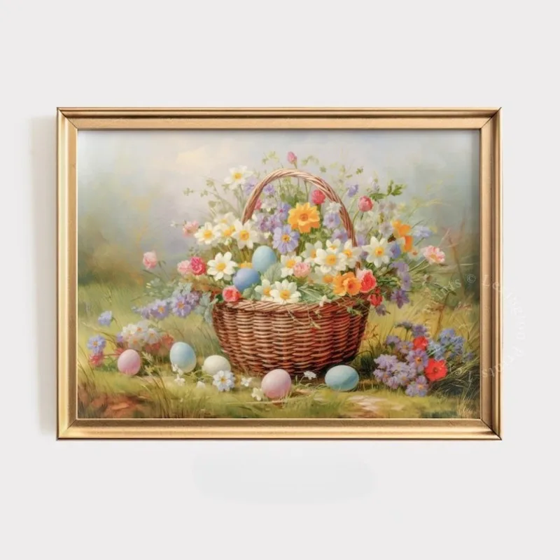 

Пасхальная корзина с цветочным принтом, весенние принты, пасхальное настенное искусство, пасхальный декор, винтажный принт с полевыми цветами, декор в стиле фермерского дома