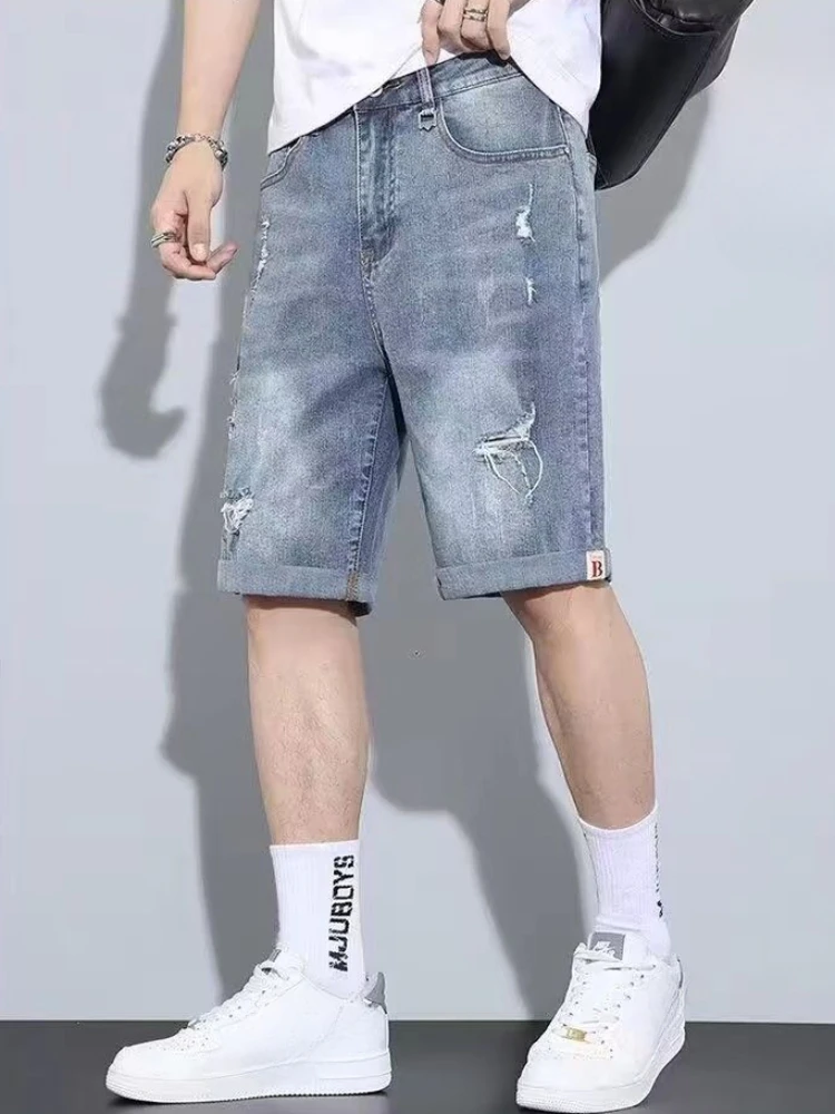 Male Denim Shorts with Text Graphic Slim Skinny Men's Short Jeans Pants Original Distressed Stretch Jorts Stretchable Wih Zipper