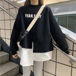 Fake Two Piece Pullovers Top for Women Plus Size Loose Patchwork Street Casual Hoodies Fashion Harajuku Clothing Spring Autumn