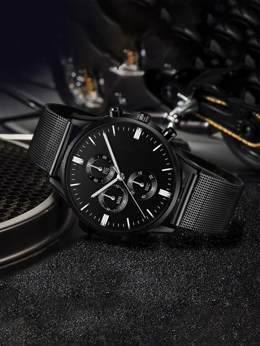 Black Stainless Steel Business Round Pointer Quartz Watch For Daily Life