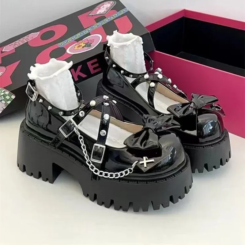 Black Mary Jane Shoes Lolita Solid Color Spring Fashion Butterfly Knot Outdoors Thick with Non-slip Pumps Shoes platform heels