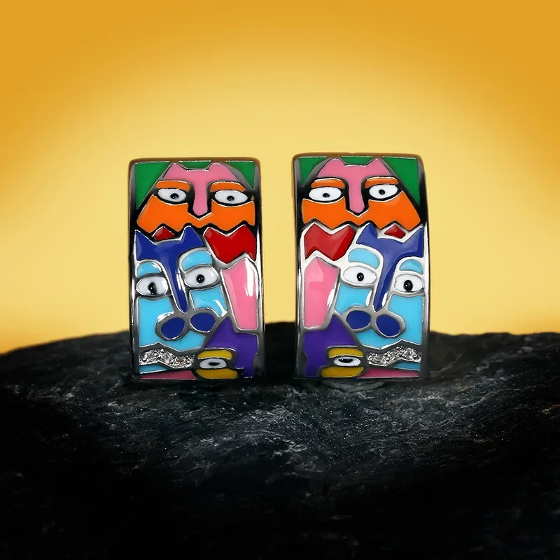 

925 Silver Plated Face Earrings Ladies Party Fashion Accessories Colorful Enamel Handmade
