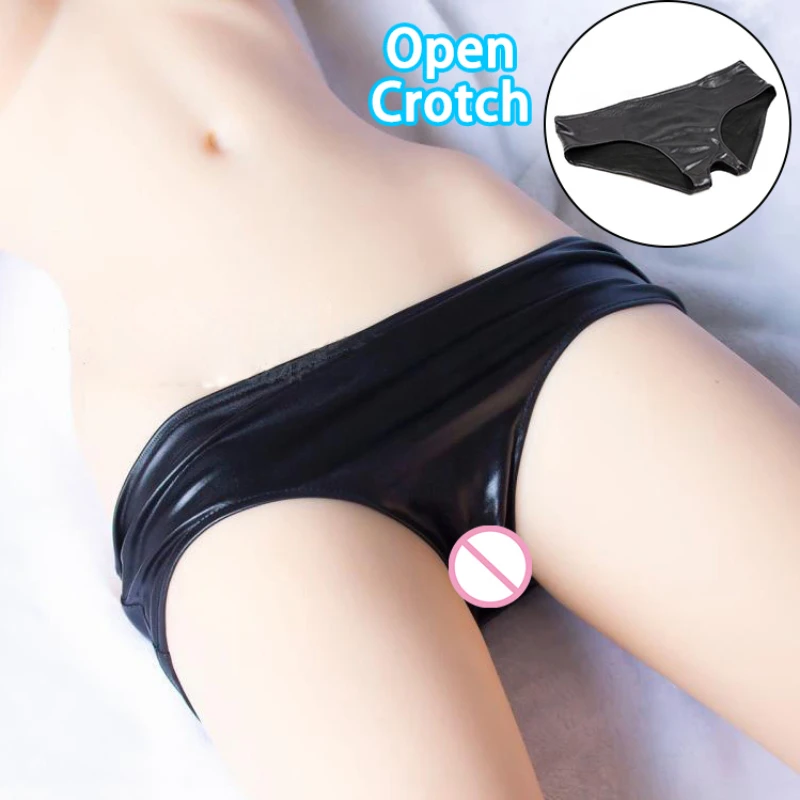 Woman Open Crotch Sexy Leather Underwear Open Hole PU Crotchless Briefs Outdoor Sex Couple Erotic Lingerie Latex Panties