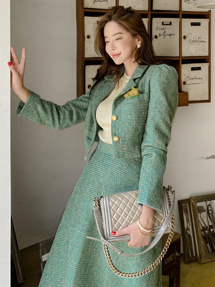 Fashion Office Lady Outfit Vintage Bule Long Sleeve Short Blazer Women Coat Suit Jacket Zipper Midi Skirt Business 2 Piece Sets