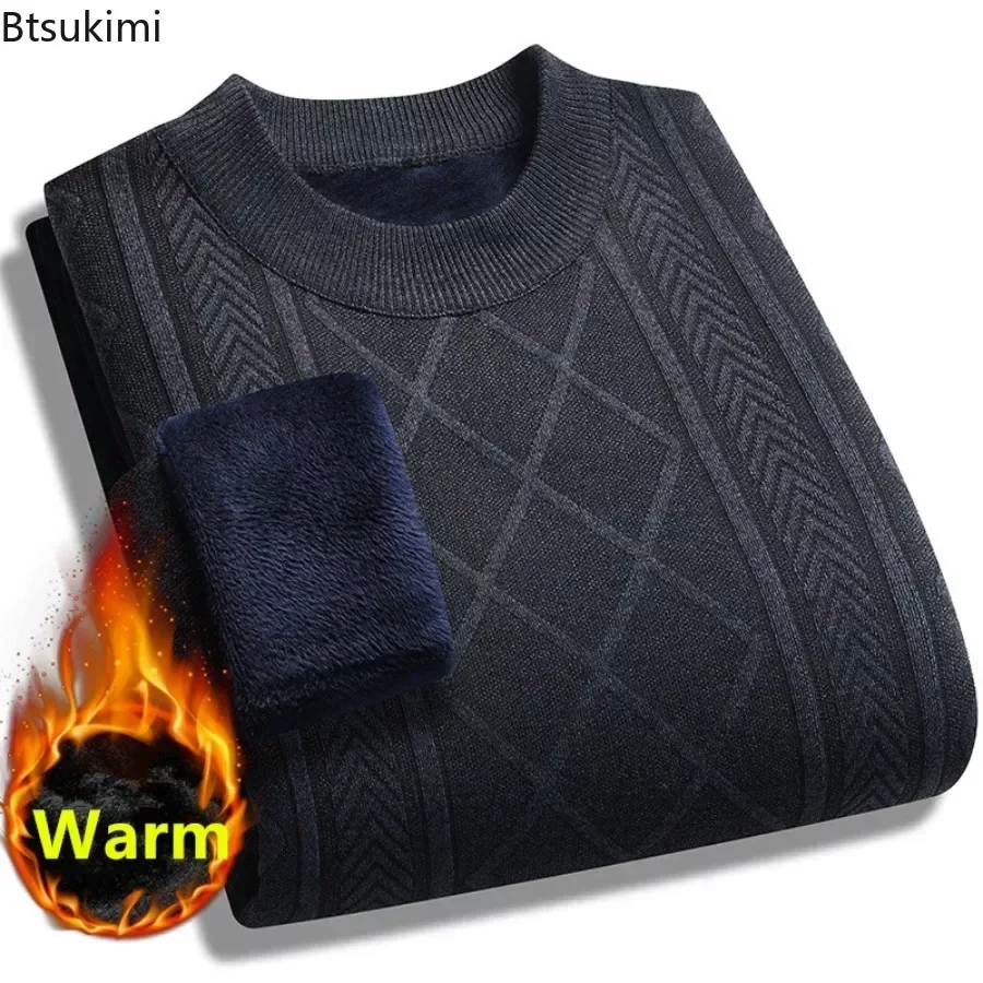 

New2024 Men's Warm Knitted Jacquard Sweater Tops Autumn Winter Solid Thicker Fleece Knitted Pullover Tops for Men Casual Sweater