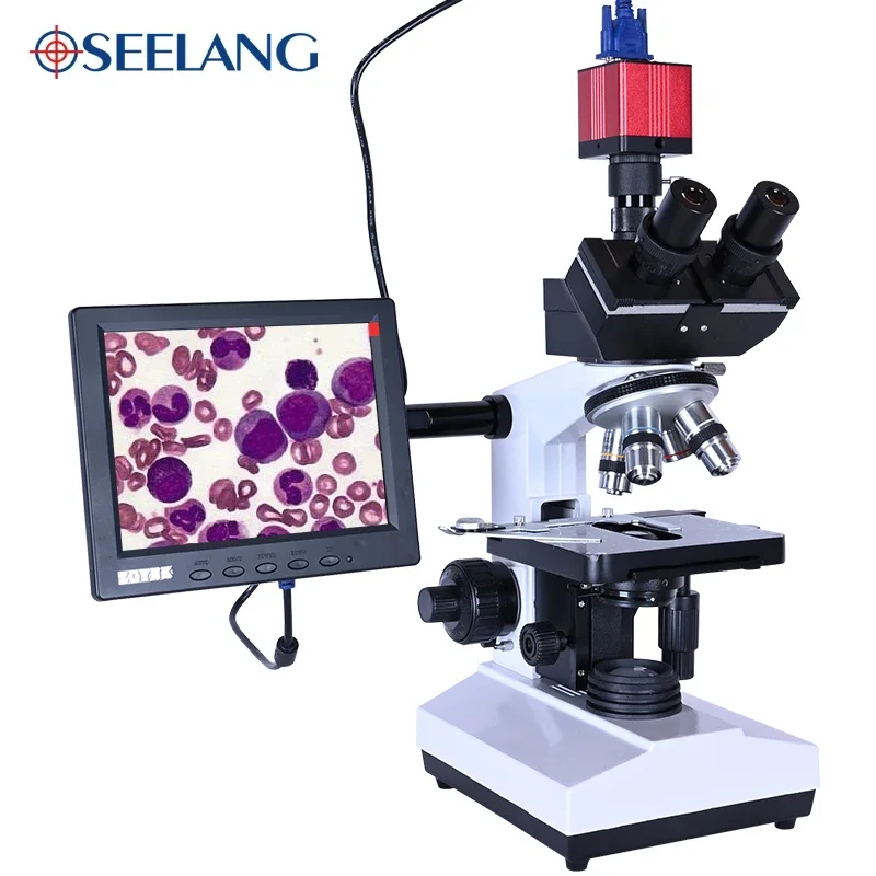 HD triple-lens biological microscope with 2500X magnification, equipped with USB/HDMI/VGA/CVBS CCD camera + 8-inch LCD