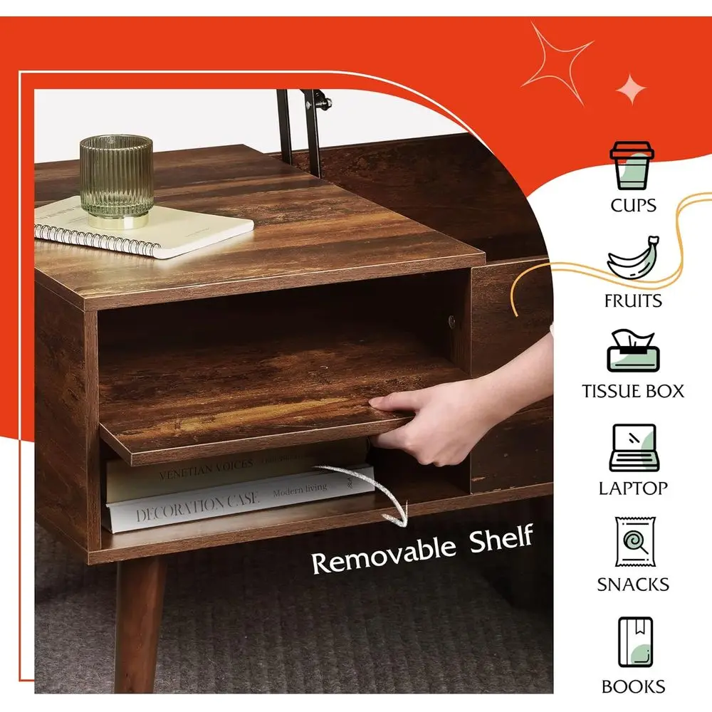 Adjustable Shelf 47 Lift Top Coffee Table with Hidden Compartment, Rustic Oak Dining Option for Living Room