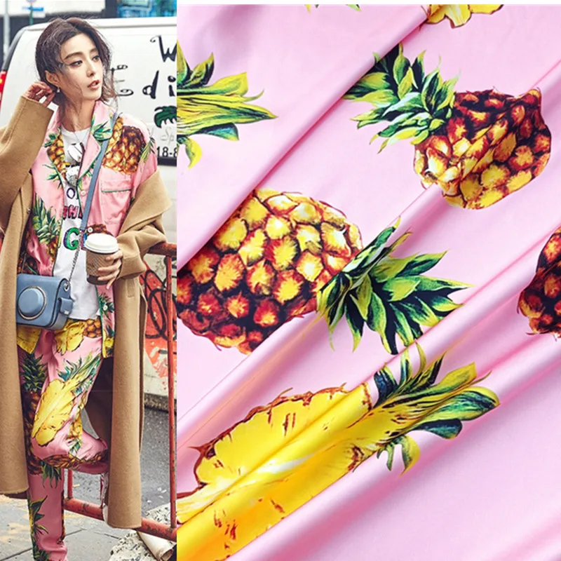 145cm wide Stretch satin pink bottom pineapple pattern digital printing fabric hand DIY sewing dress shirt fashion fabric