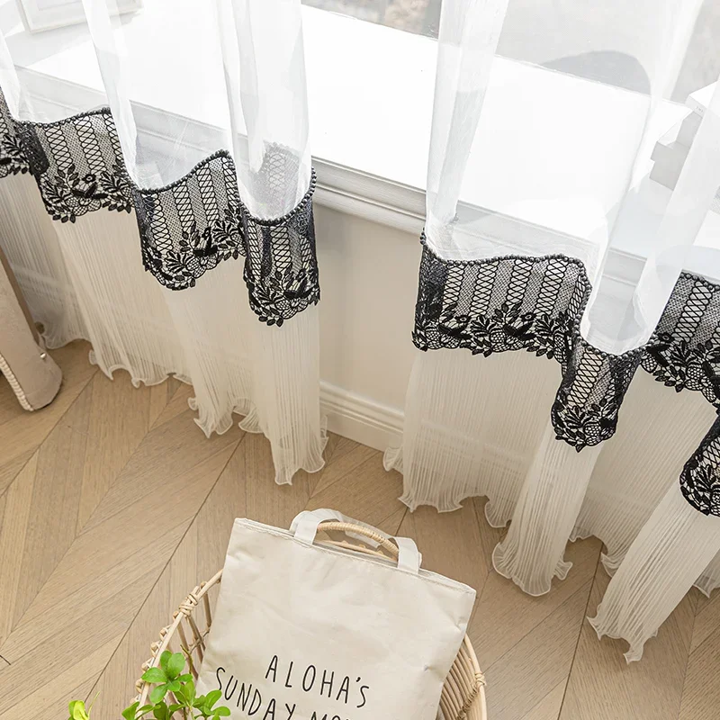 New High Skirt Black Lace Splicing White Screen Window Screen Curtains for Living Room Balcony Window French Window