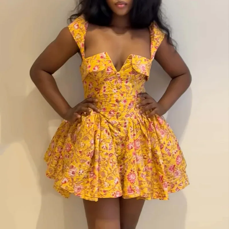 

2025 Summer New Women's Dress Style Square Neck Printed High Waist A-line Irregular Short Dress