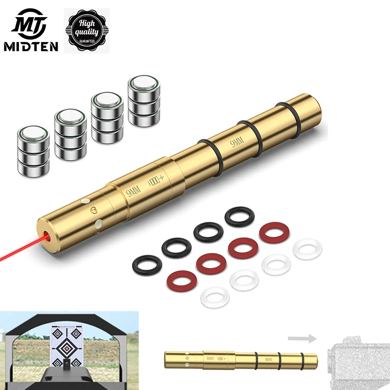 MidTen Laser Bore Sight for 9MM 380ACP .38SPL .357MAG End Barrel Boresighter with 4 Sets of Batteries and Spare O-Rings Airsoft